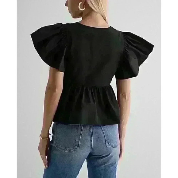 Express Women’s Black Square Neck Peplum Blouse Flutter Sleeve Size Small - Picture 2 of 9